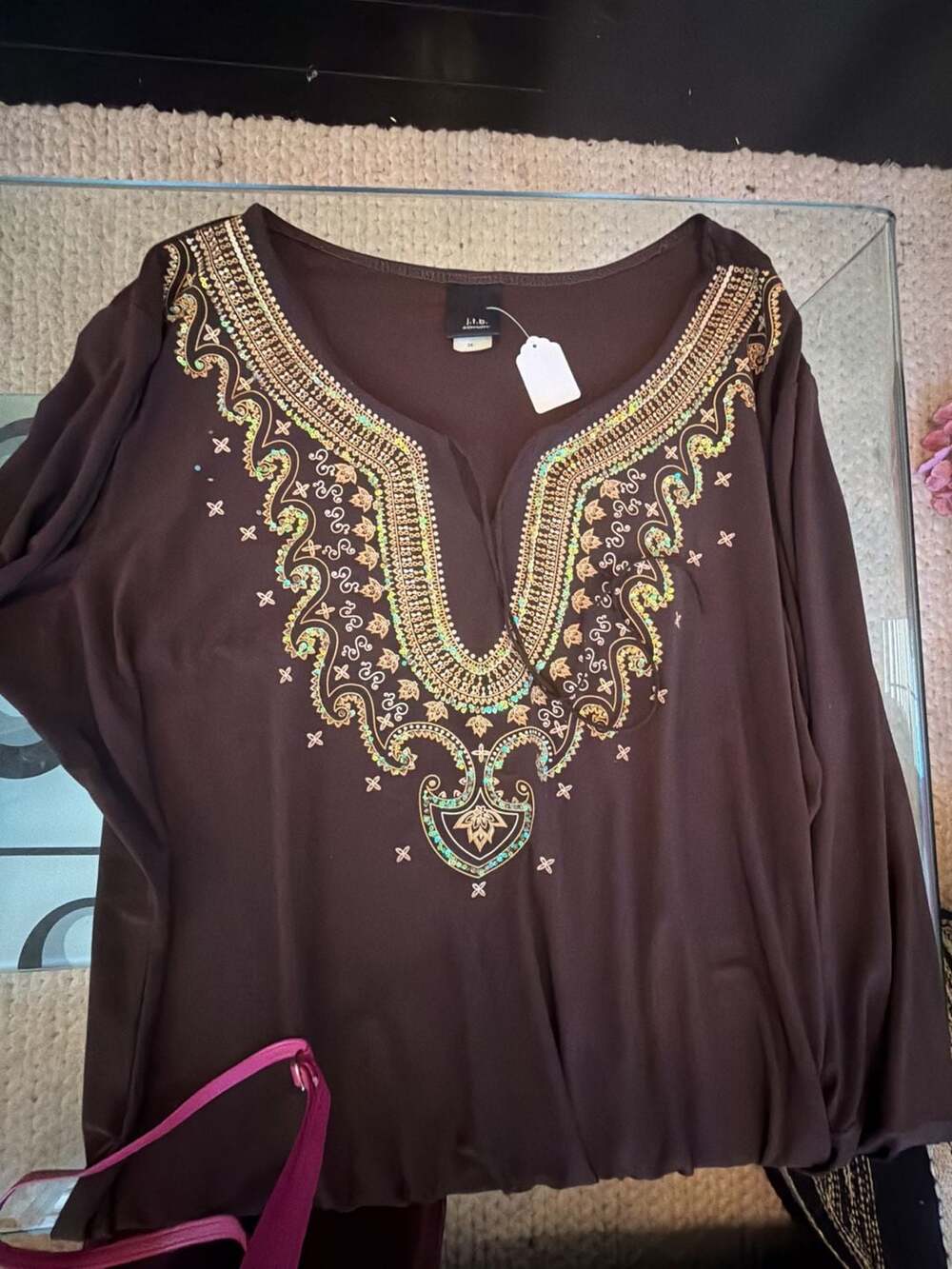 j.t.b. woman Brown Long Sleeve Tunic with Sequin and Bead Embellished Neckline